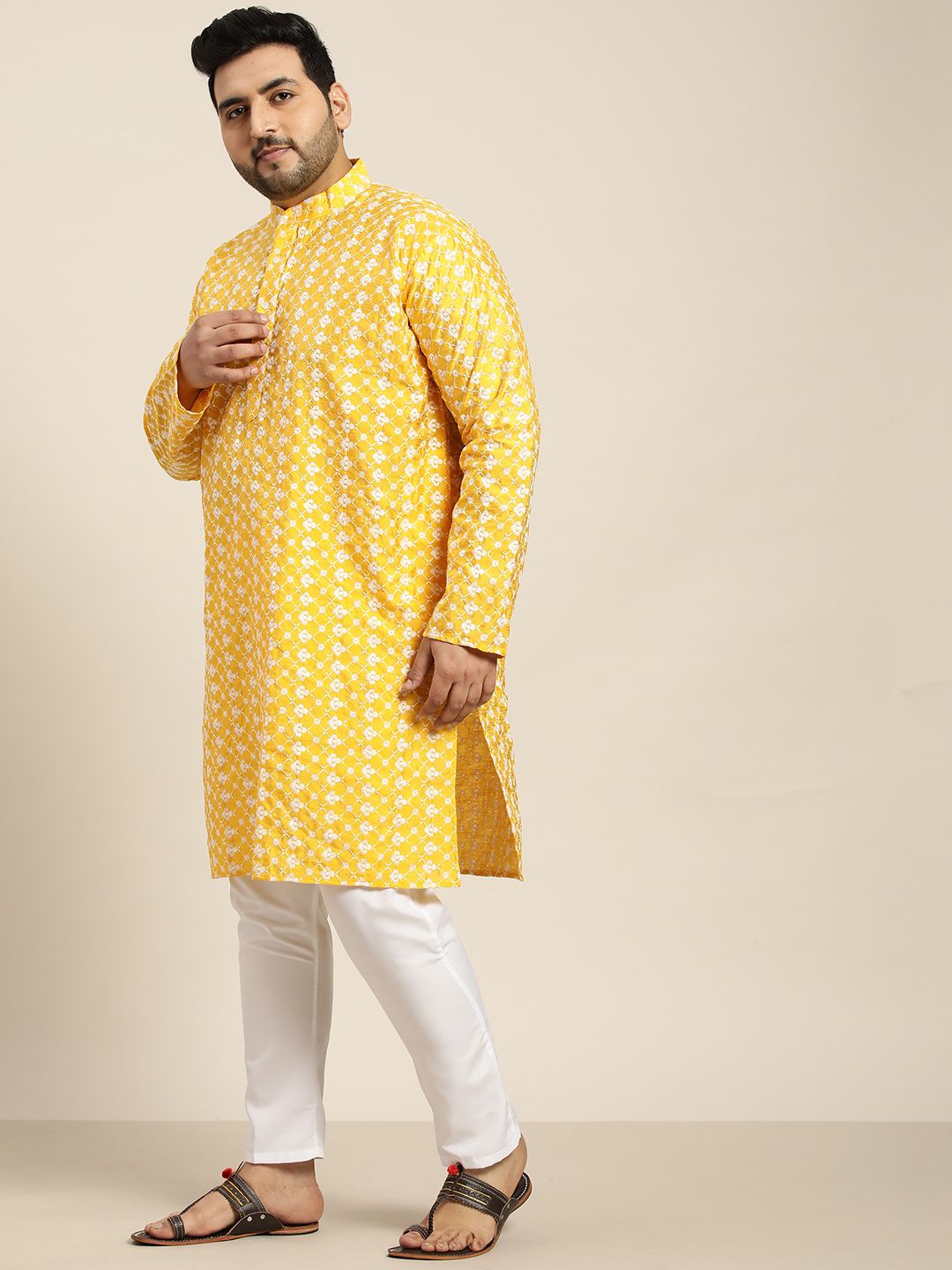 SOJANYA PLUS Men Yellow & White Chikankari Embroidered Kurta with Churidar & Nehru Jacket