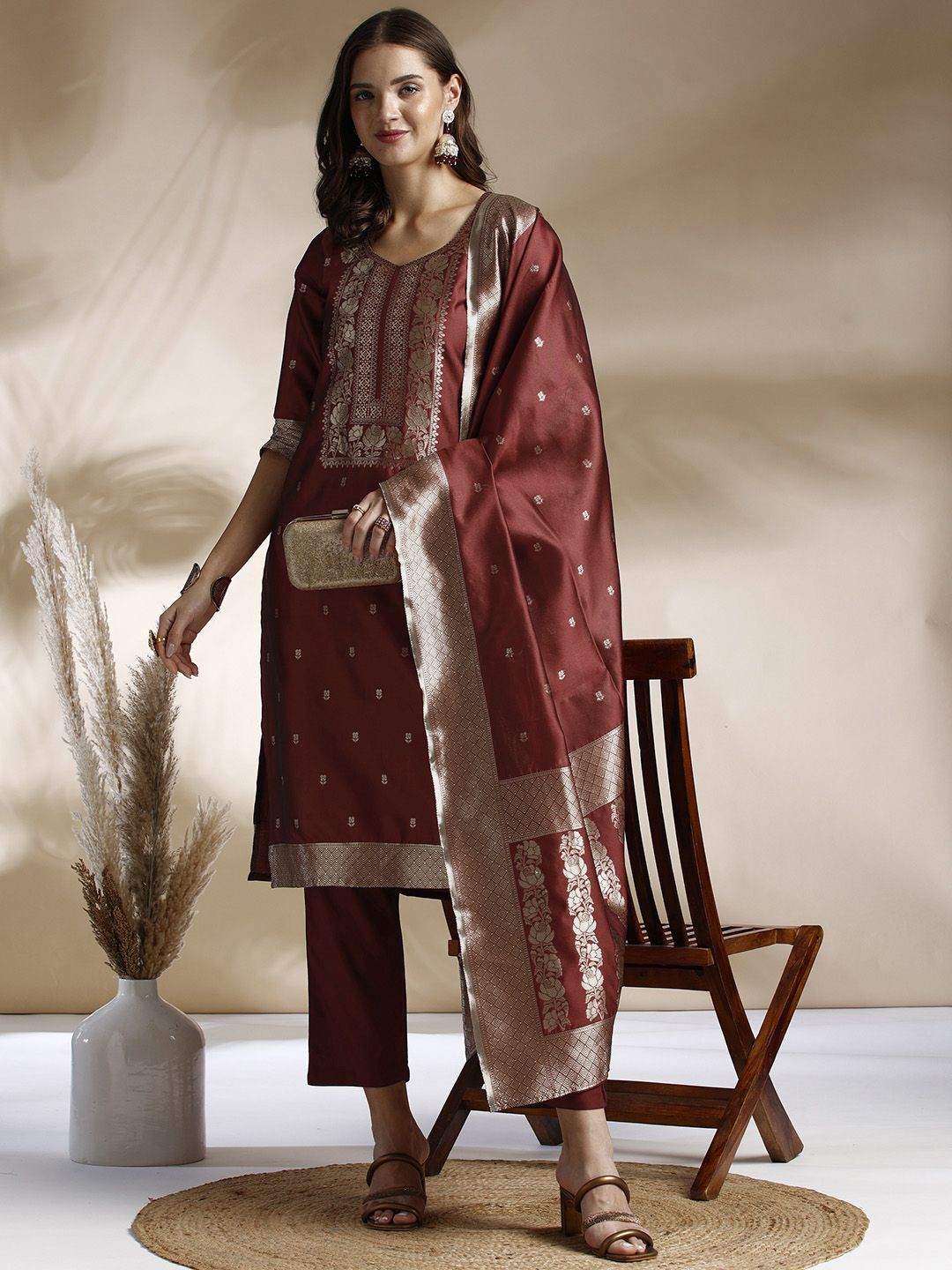 Anouk Zari Woven Design Kurta with Trousers & Dupatta
