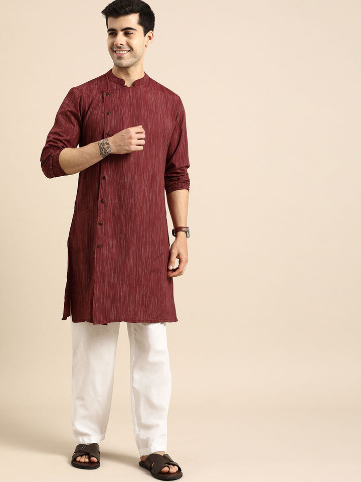Anouk Men Maroon Striped Angrakha Pure Cotton Straight Kurta with Pyjamas