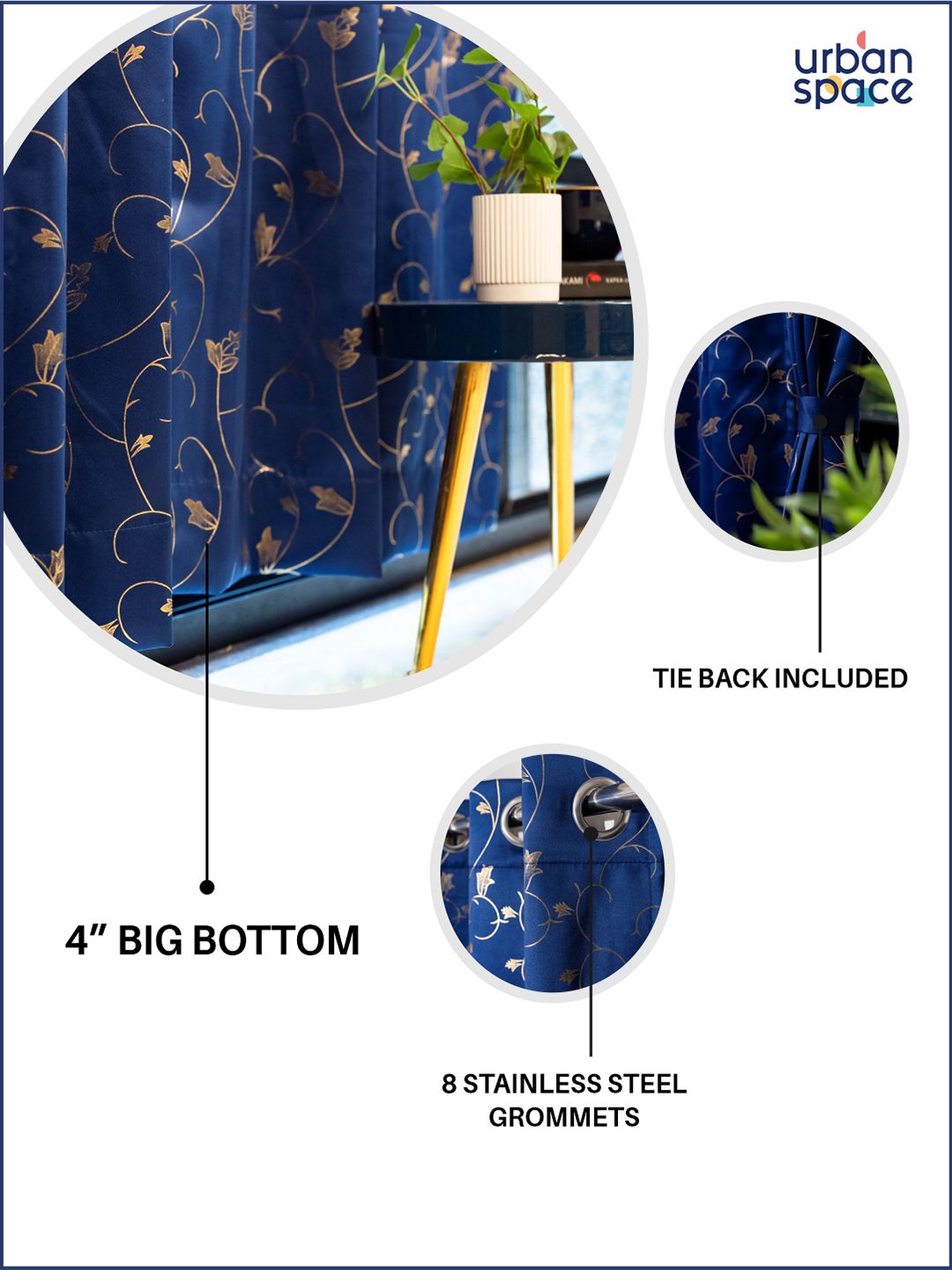 URBAN SPACE Navy Blue & White Floral Printed Black Out Long Door Curtain