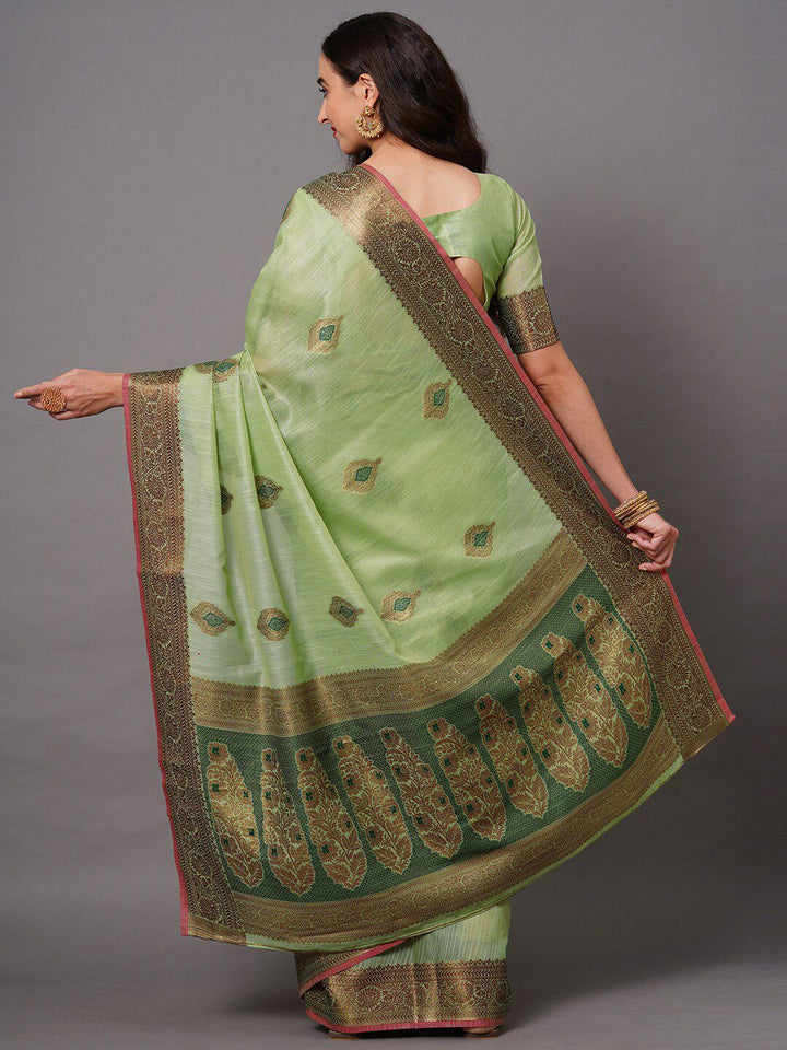 Saree mall Green & Gold-Toned Woven Design Silk Blend Banarasi Sarees