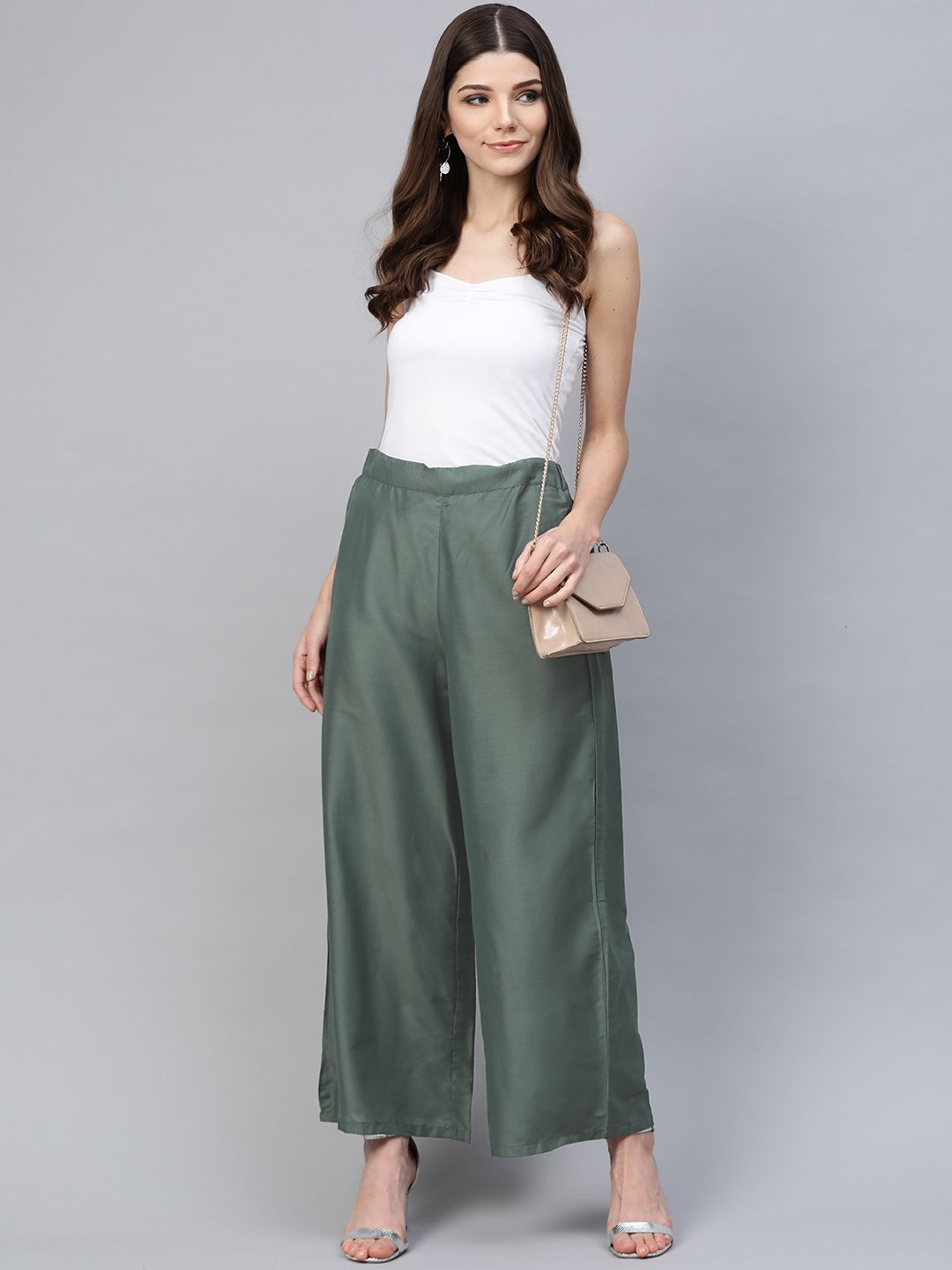 W Women Green Solid Straight Palazzos