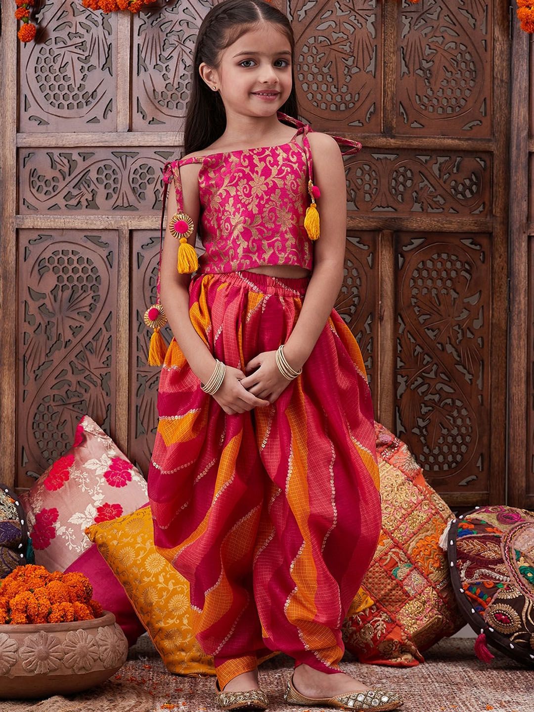 pspeaches Girls Floral Printed Shoulder Straps Top with Dhoti Pants