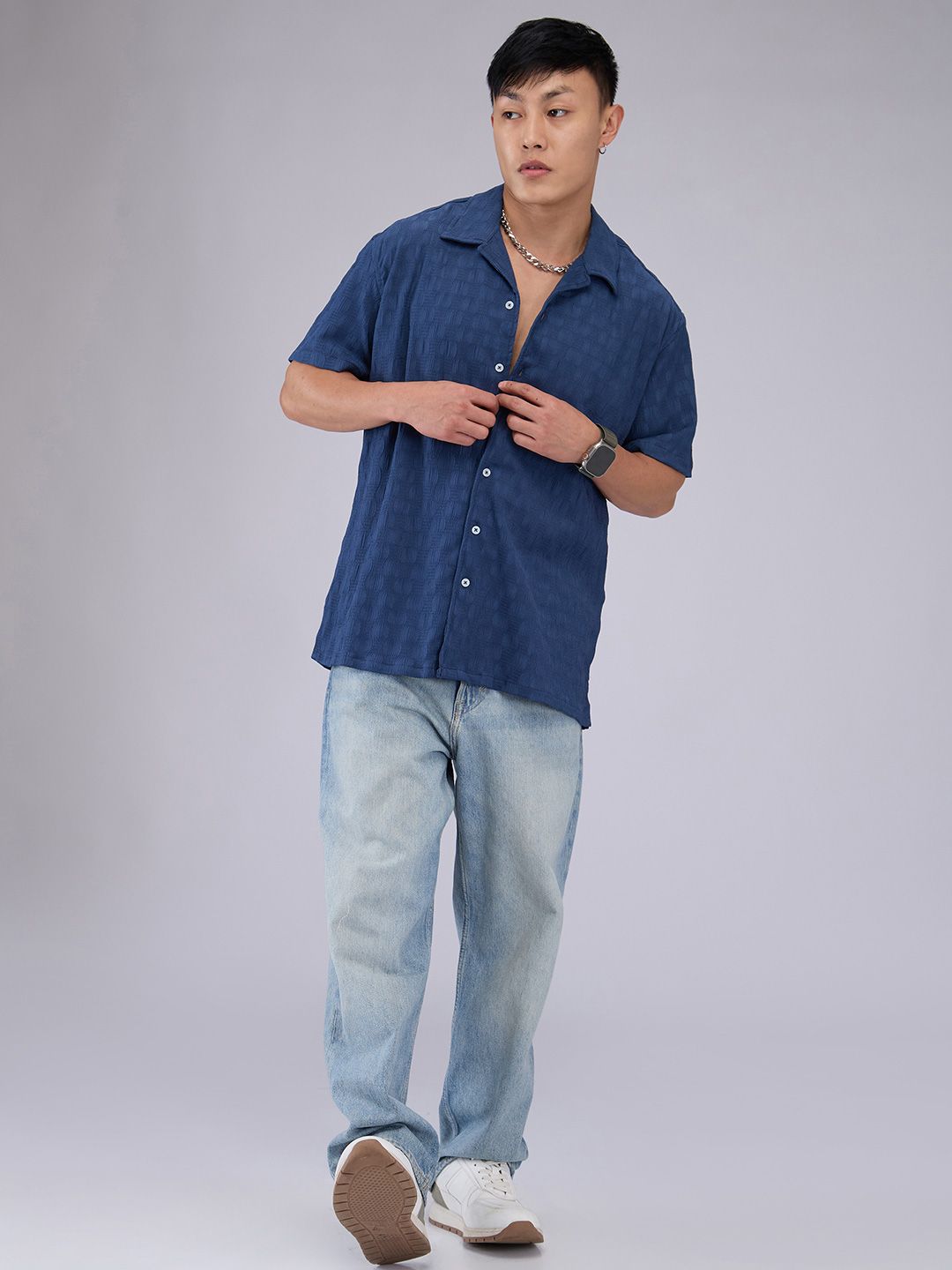 VASTRADO Men Classic Cuban Collar Textured Oversized Casual Shirt