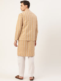 SOJANYA Kurta Sulam Bunga Emas & Putih Lelaki dengan Jaket Churidar & Nehru