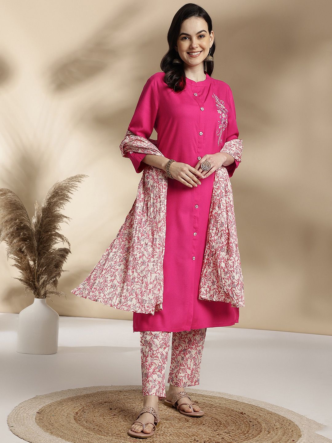 Anouk Floral Embroidered Regular Pure Cotton Kurta with Trousers & With Dupatta