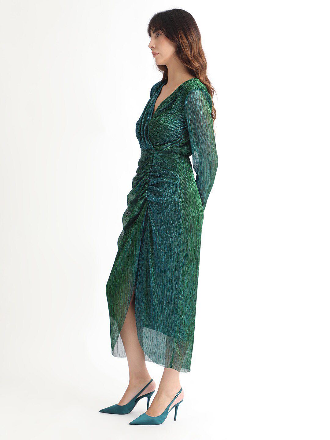 RAREISM V-Neck Long Sleeves Shimmer Wrap Midi Dress