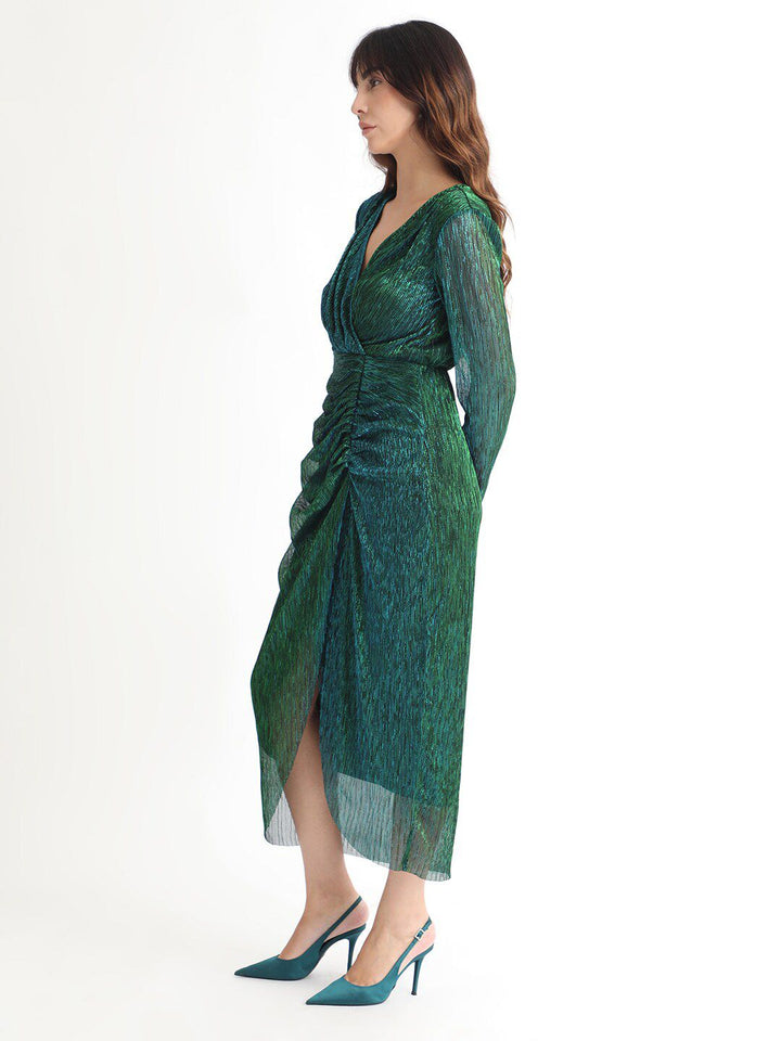 RAREISM V-Neck Long Sleeves Shimmer Wrap Midi Dress
