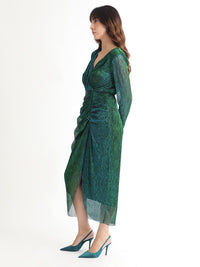 RAREISM V-Neck Long Sleeves Shimmer Wrap Midi Dress