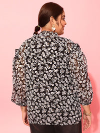 CURVY STREET Black Floral Printed Puff Sleeves Shirt Style Top