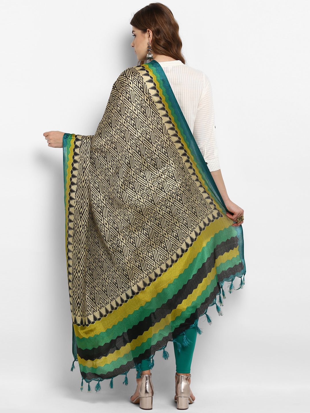 Saree mall Cream-Coloured & Green Printed Dupatta