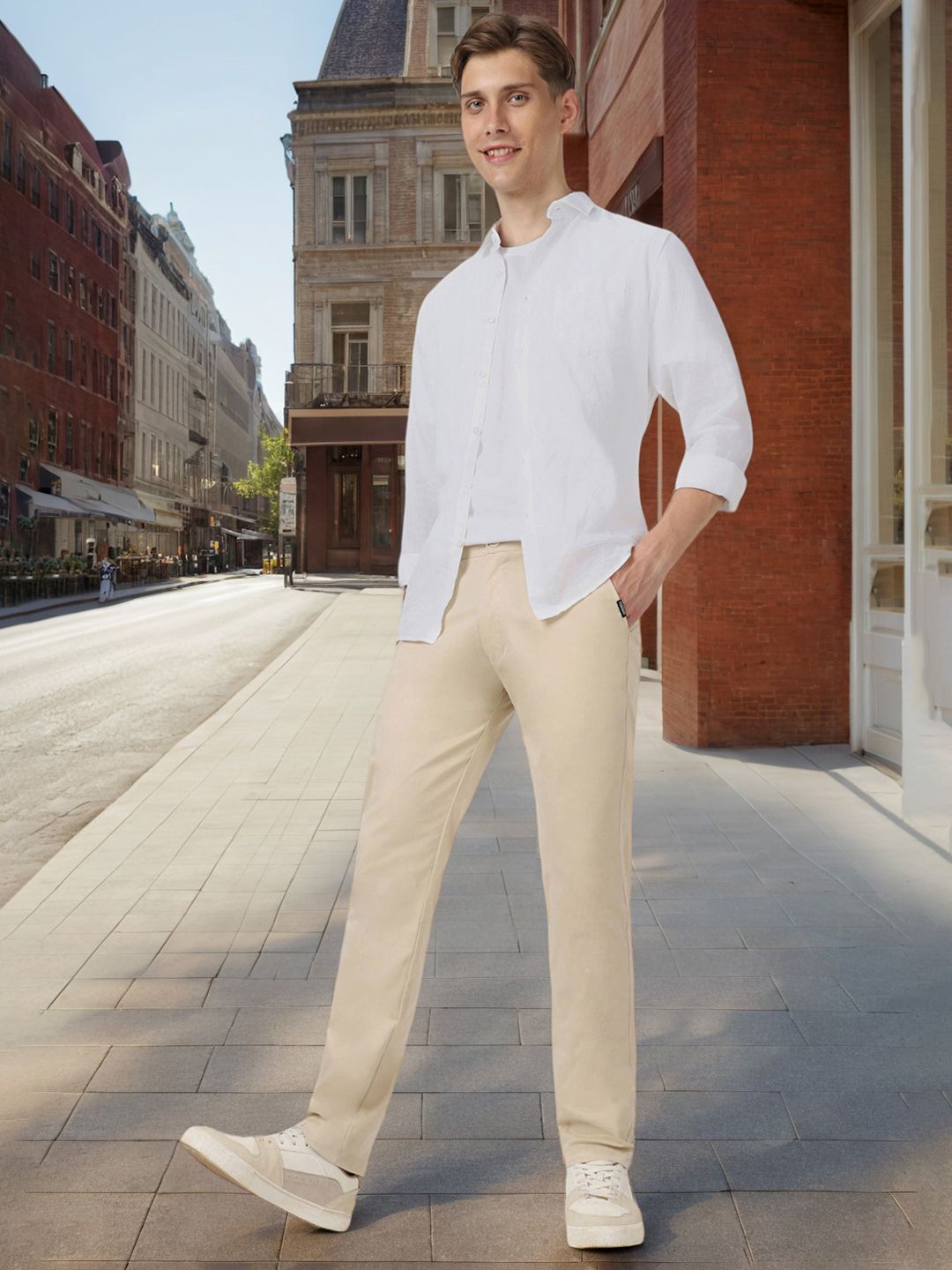 Urbano Fashion Men Cream-Coloured Slim Fit Pure Cotton Chinos