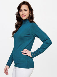 AND Teal Solid Turtle Neck Regular Top