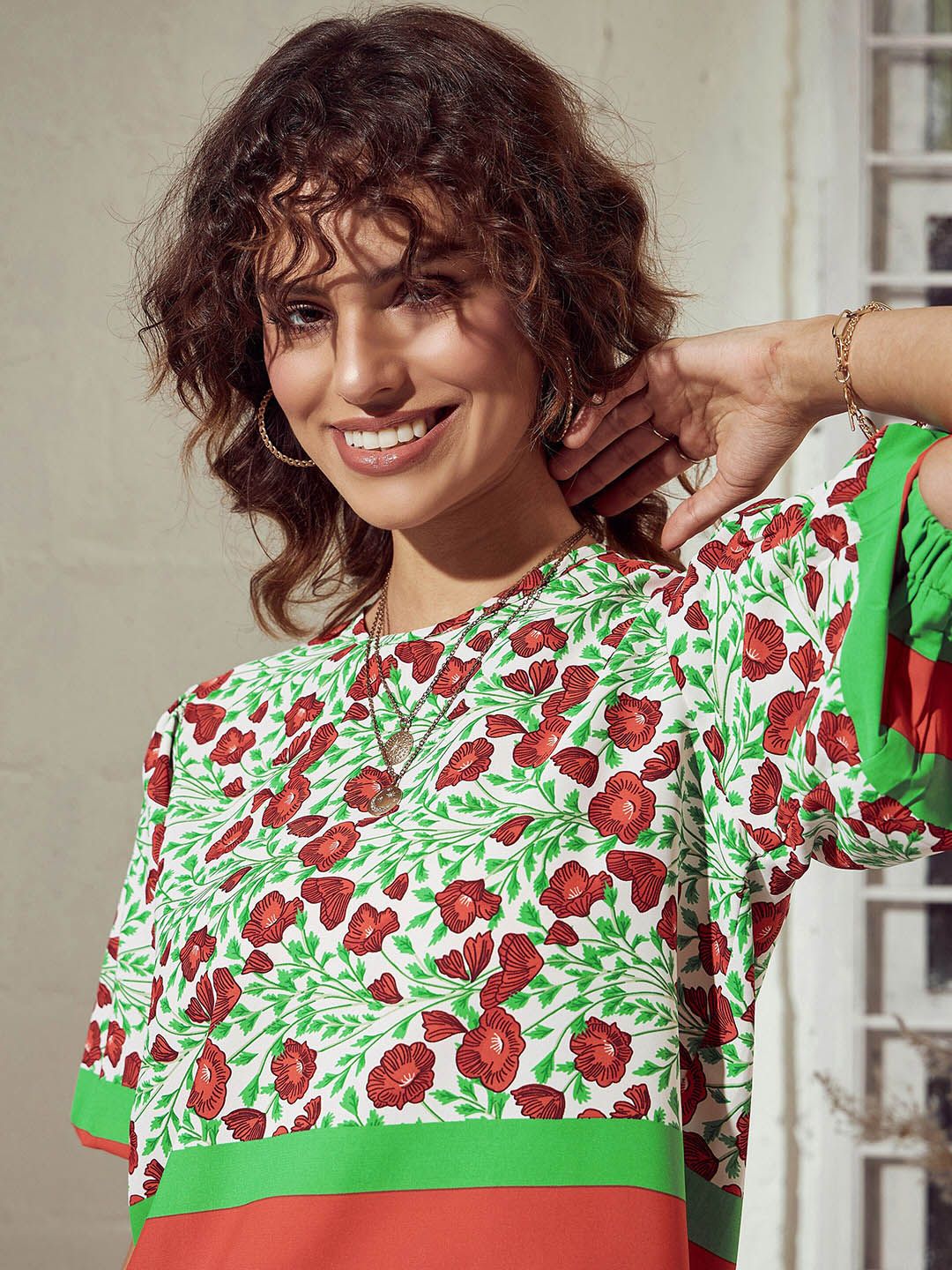 SASSAFRAS Green Floral Printed Round Neck Top With Trousers