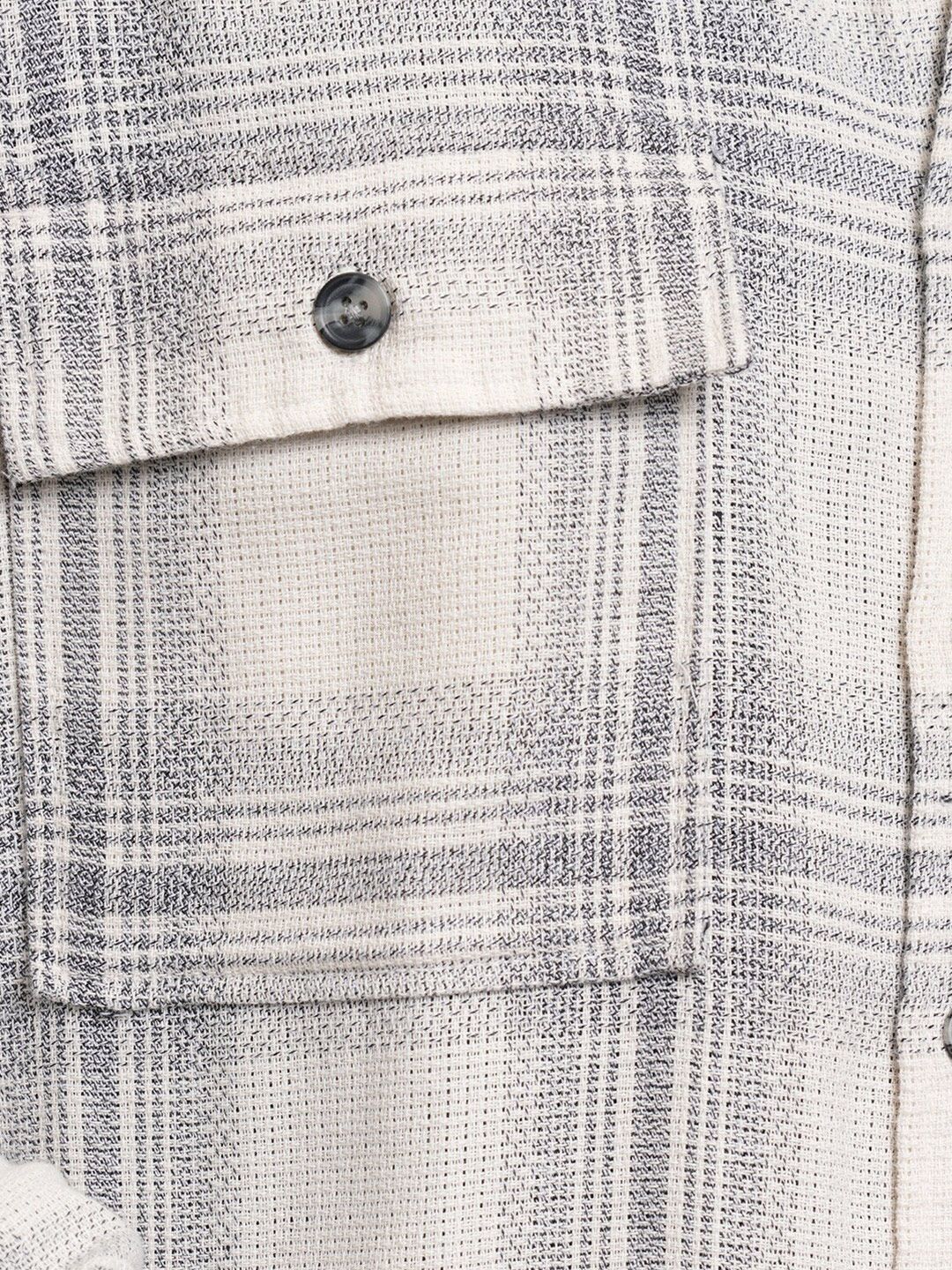 Locomotive Men Cream Grindle Mock Lino Dobby Textured Checked Utility Pocket Overshirt