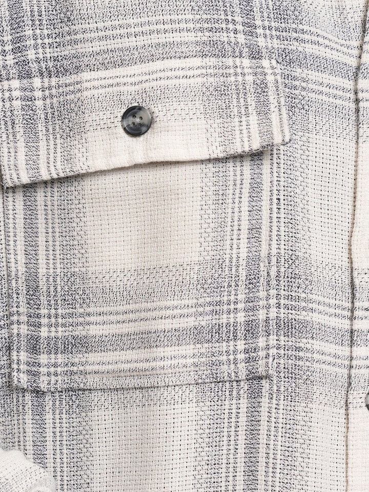 Locomotive Men Cream Grindle Mock Lino Dobby Textured Checked Utility Pocket Overshirt