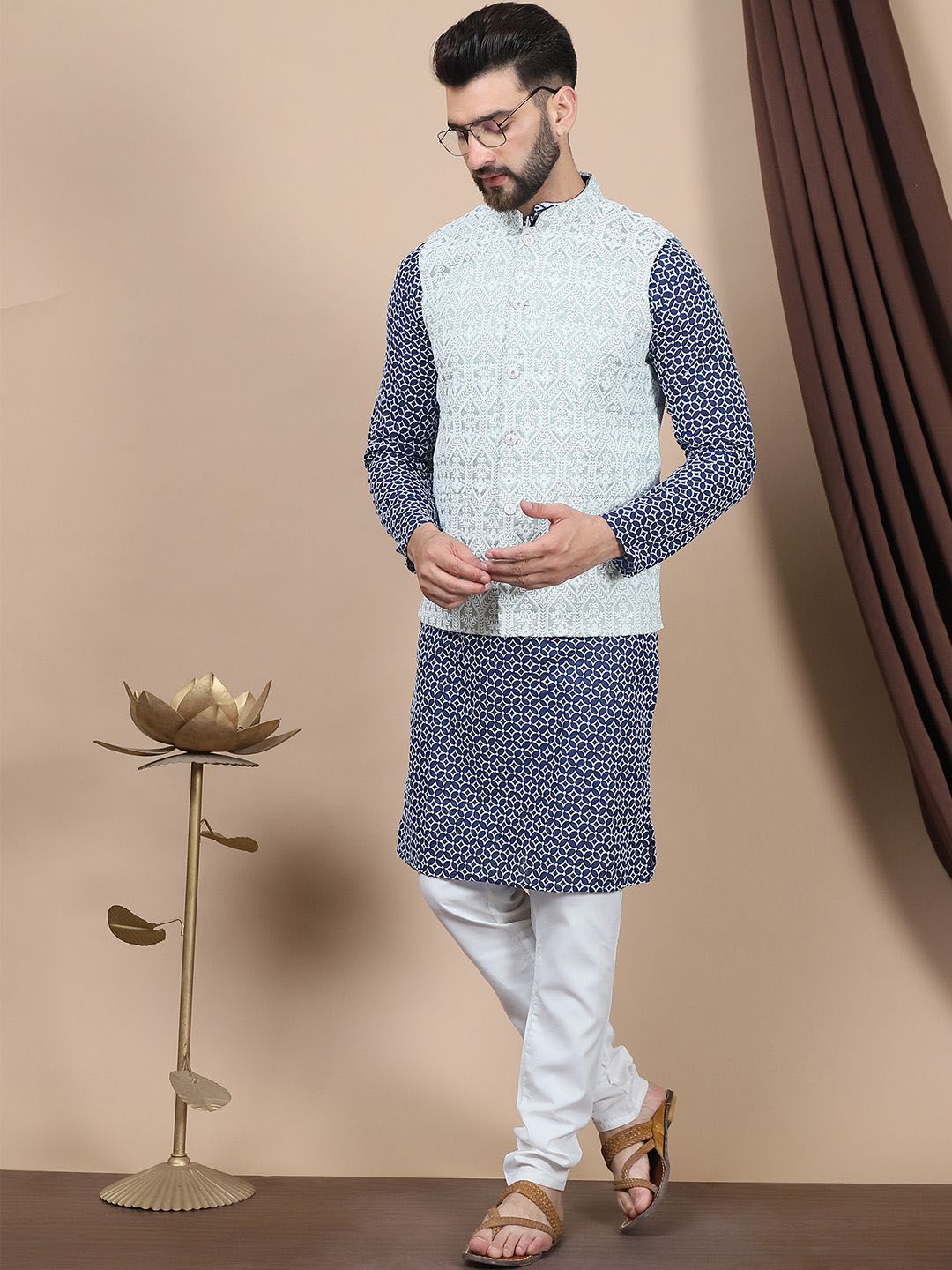Anouk Navy Blue Floral Embroidered Pure Cotton Straight Kurta With Churidar & Nehru Jacket
