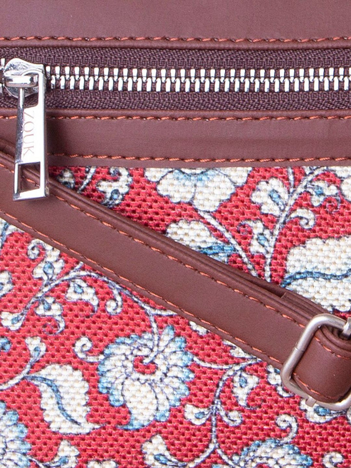 ZOUK Red Floral Printed Structured Kalamkari Sling Bag