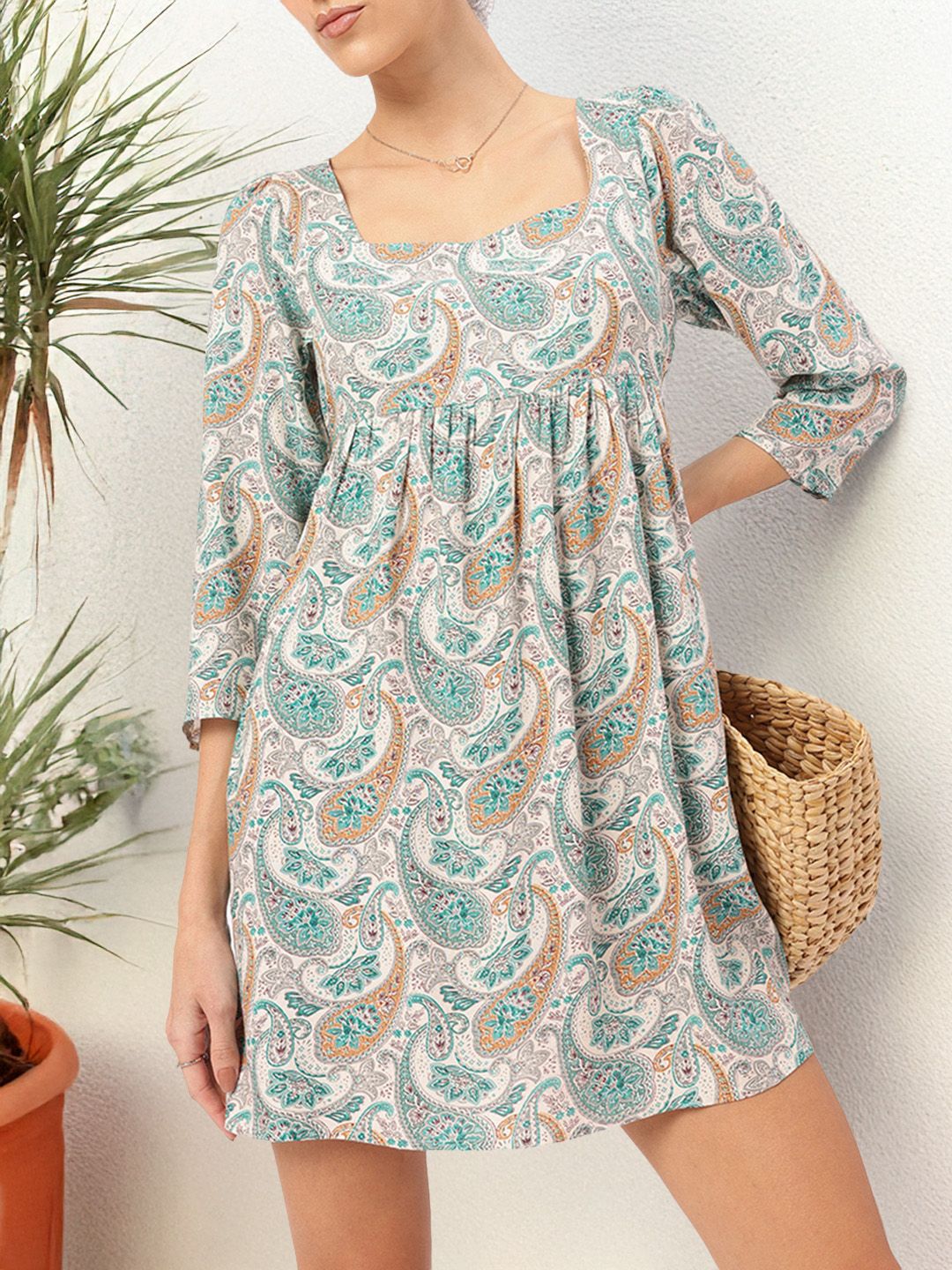 DressBerry Retro Blooms Paisley Printed Square Neck A-Line Mini Dress