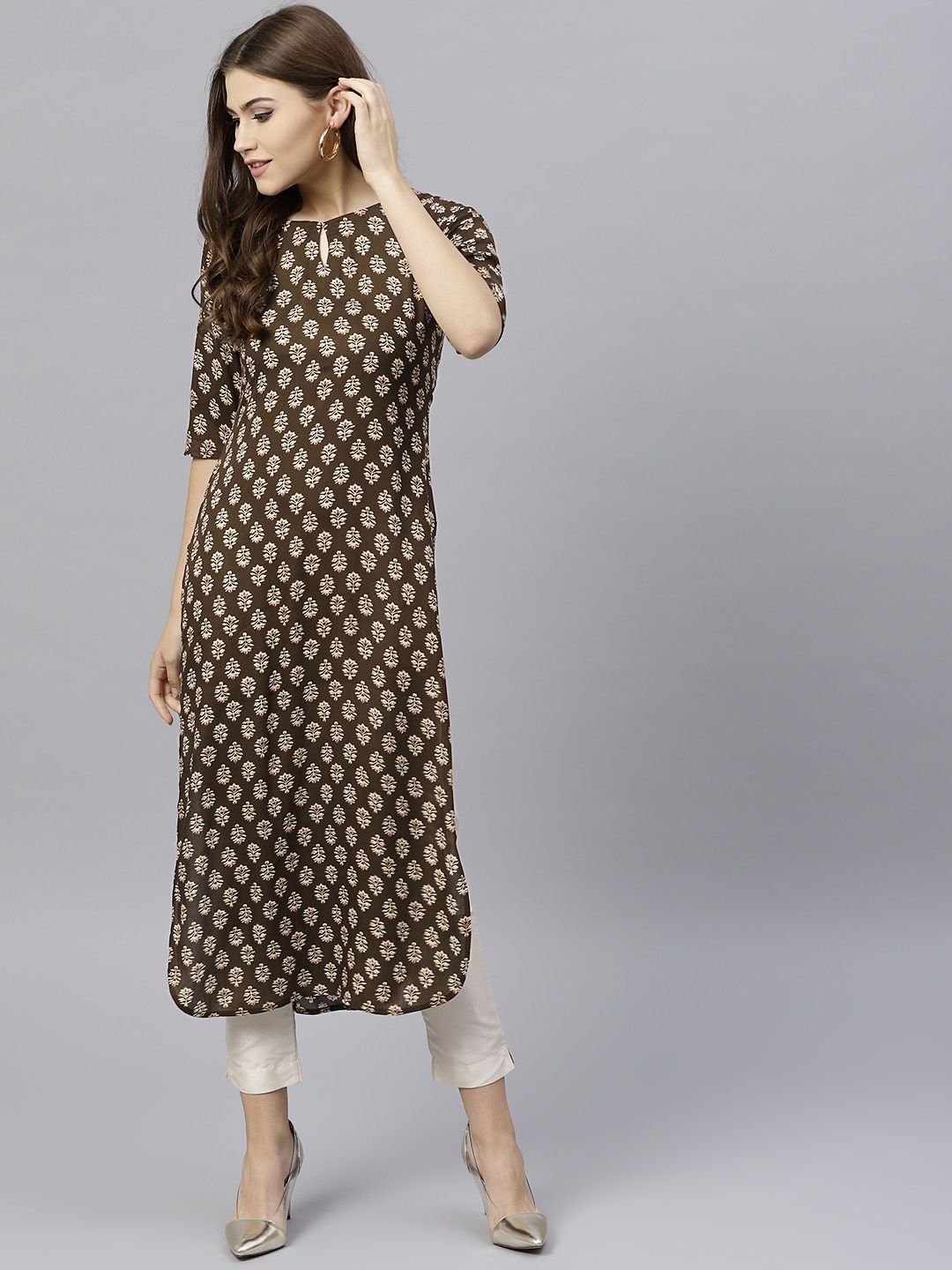 Gerua By Libas Women Coffee Brown  Beige Printed Straight Kurta