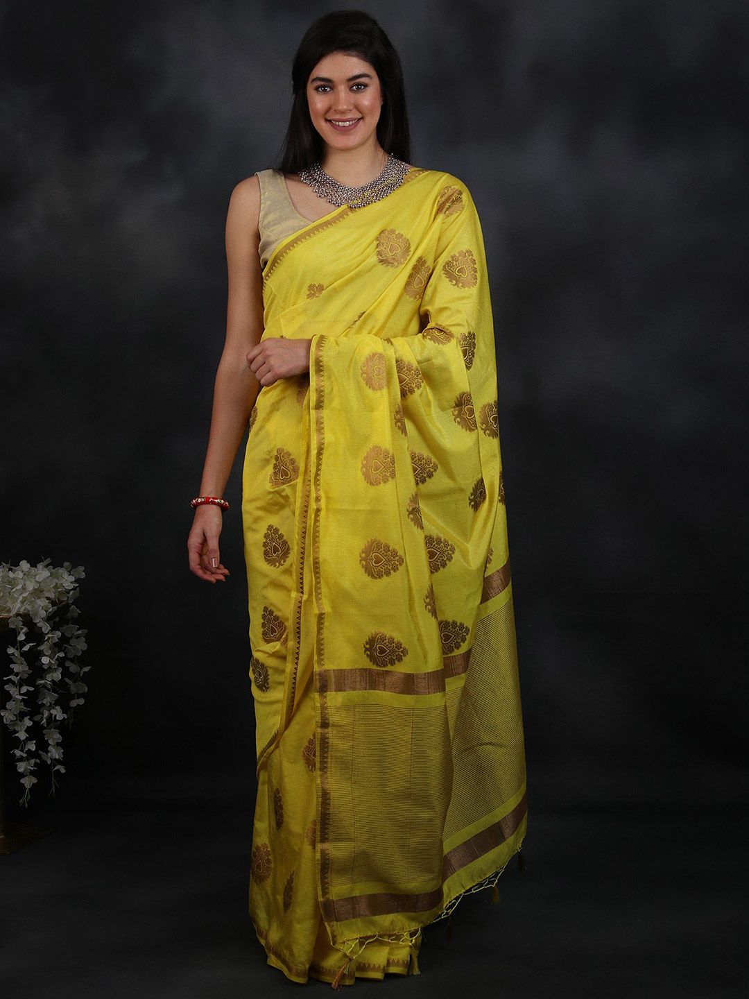Exotic India Empire Yellow Woven Gold Bootis Pattu Saree With Horizontal Zari Work Pallu