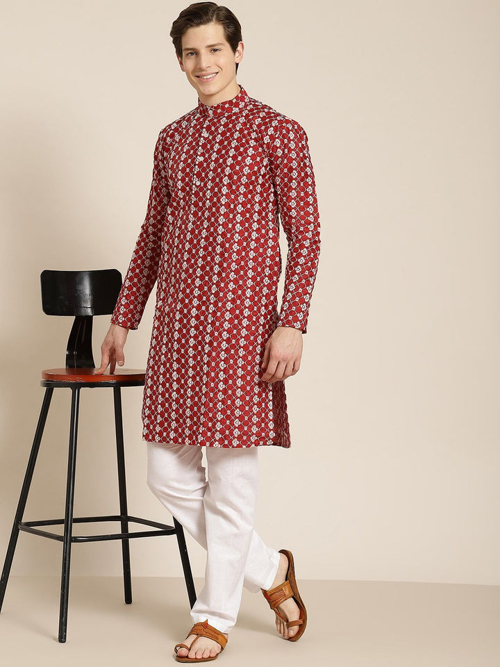 SOJANYA Lelaki Maroon & White Motif Etnik Bersulam Kurta