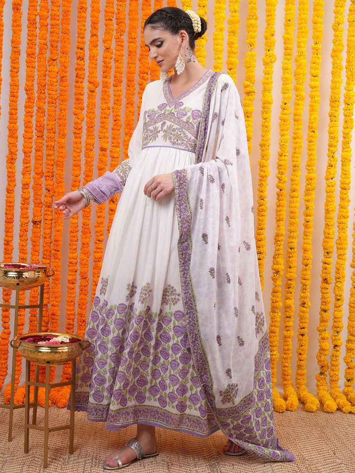Vishudh Purple Floral Printed Pure Cotton Ethnic Dress With Dupatta