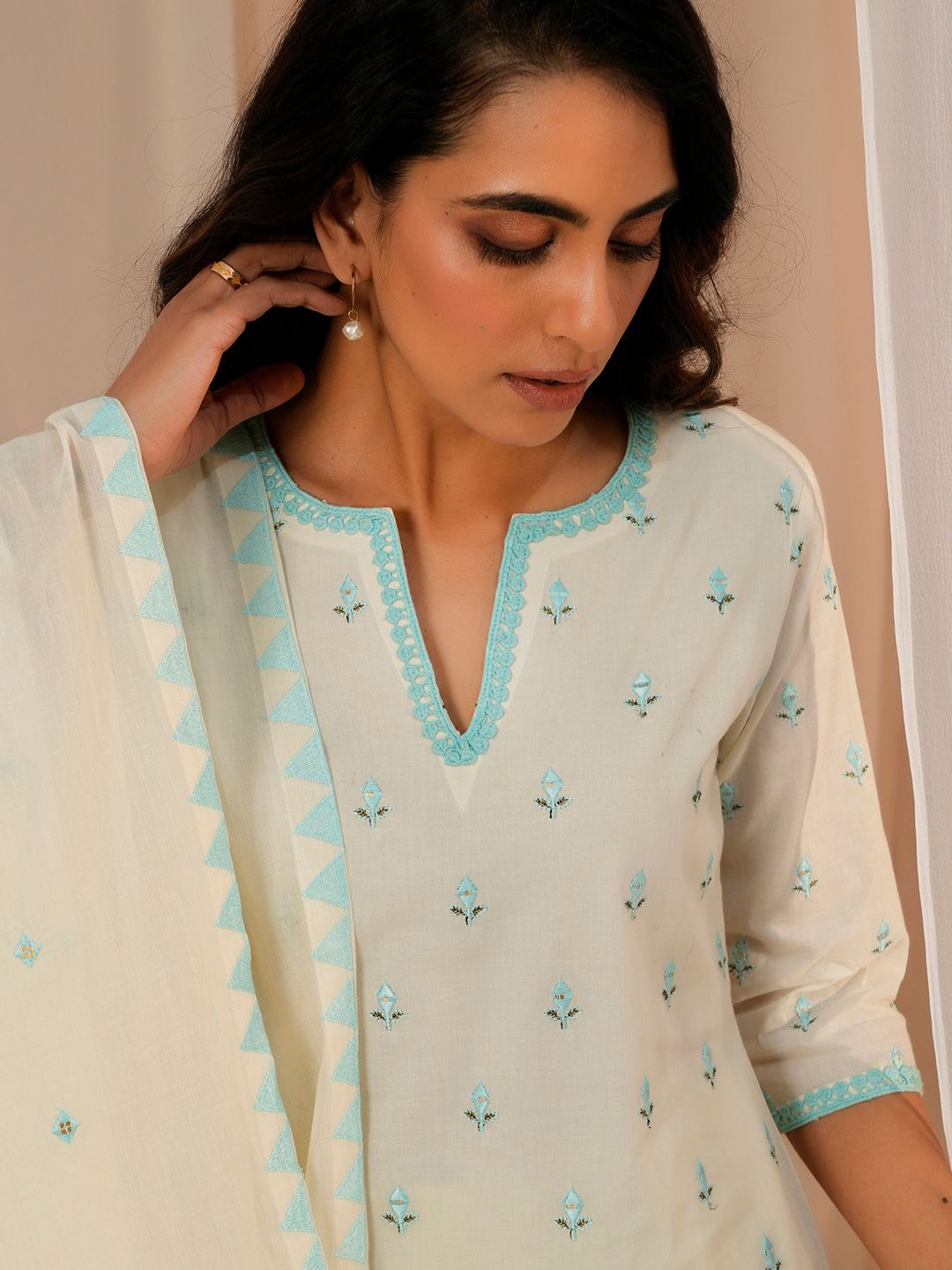 Libas Floral Embroidered Thread Work Pure Cotton Kurta With Palazzos & Dupatta