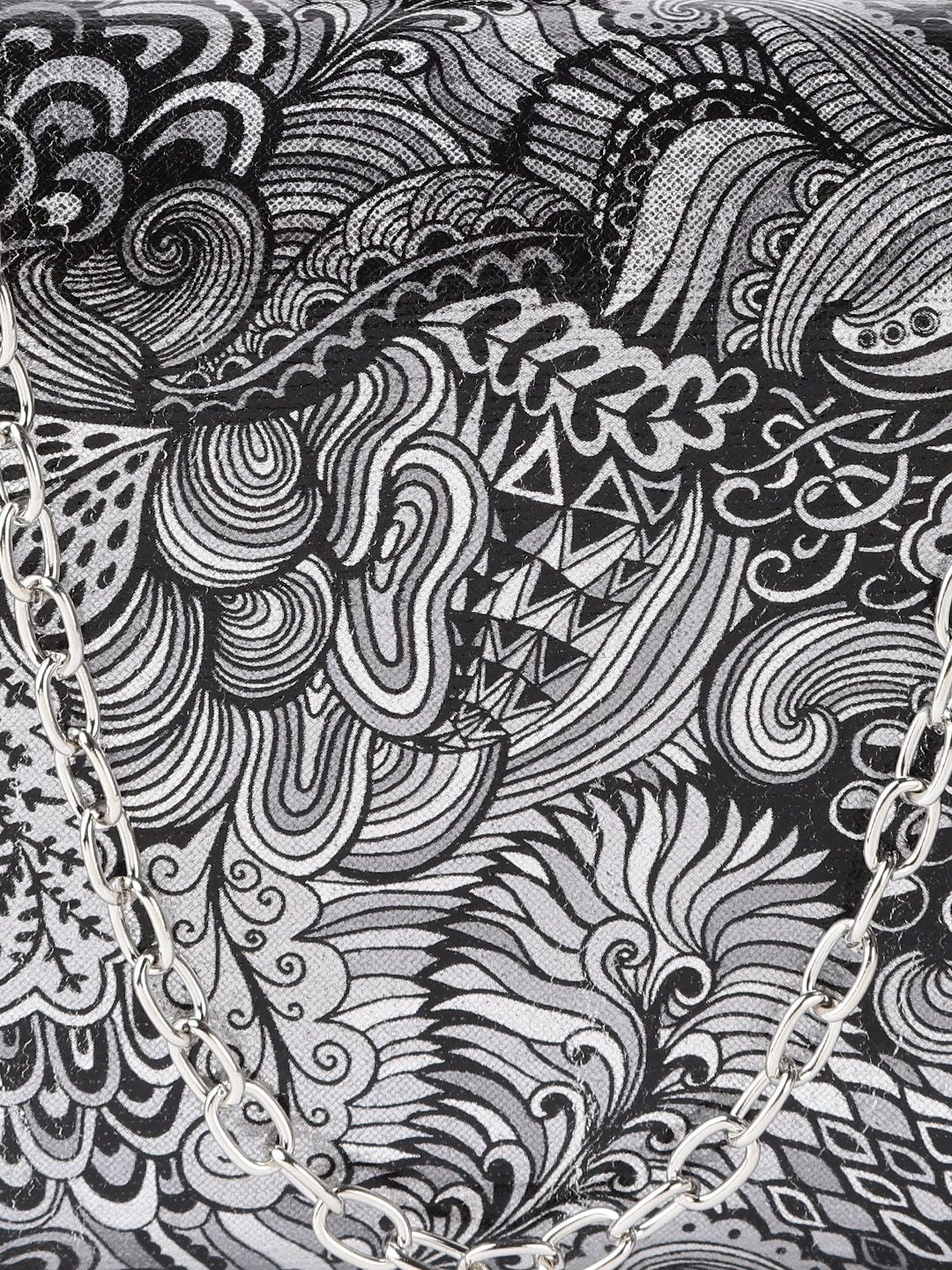 Lino Perros Black & Silver-Toned Printed Box Clutch with Detachable Sling Strap