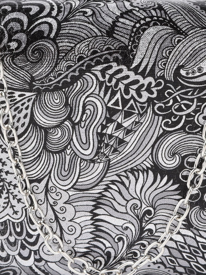 Lino Perros Black & Silver-Toned Printed Box Clutch with Detachable Sling Strap
