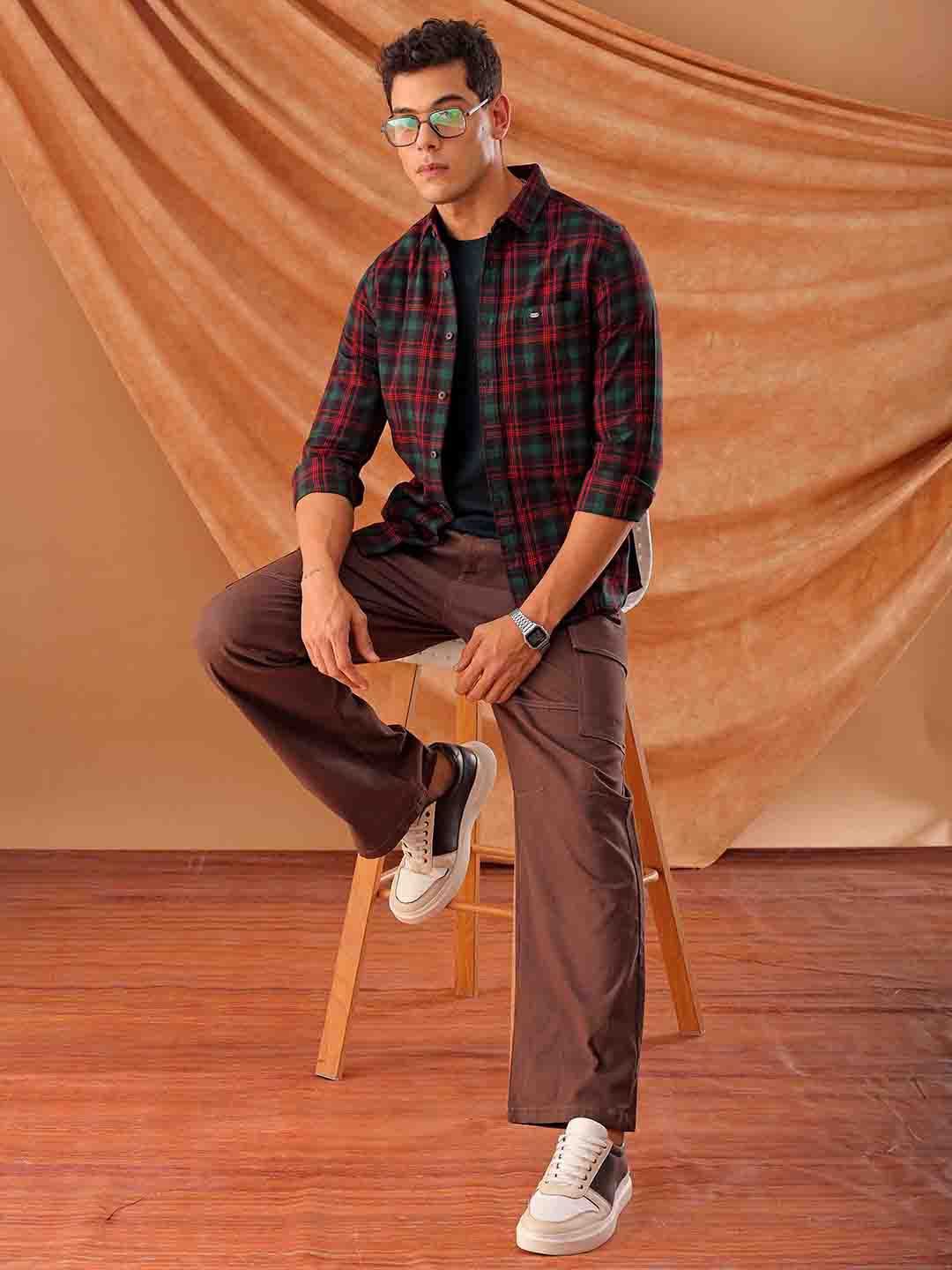 The Indian Garage Co. Spread Collar Slim Fit Tartan Checks Cotton Casual Shirt