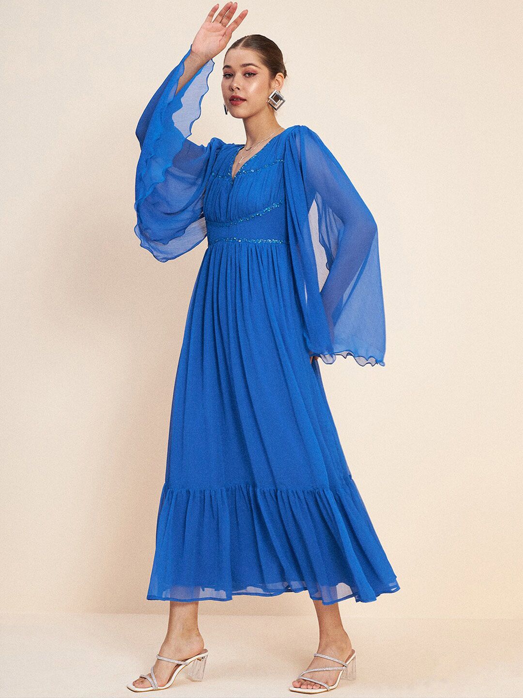Antheaa Blue V-Neck Slit Sleeves Embellished Detail Maxi Dress