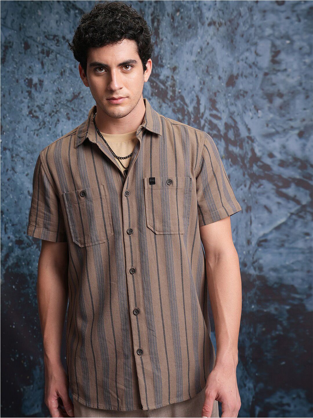 Locomotive Men Brown Mock Lino Dobby Textured Striped Utility Pocket Regular Shirt