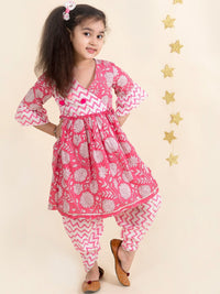 pspeaches Girls Pink Floral Striped Pure Cotton Kurti with Patiala