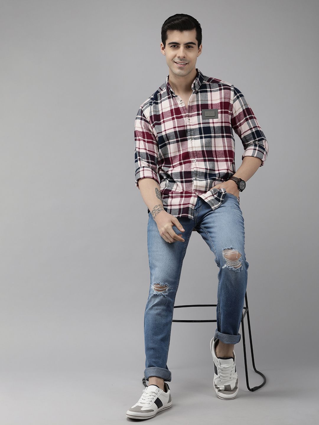 THE BEAR HOUSE Ardor Edition Men White Slim Fit Tartan Checked Pure Cotton Casual Shirt