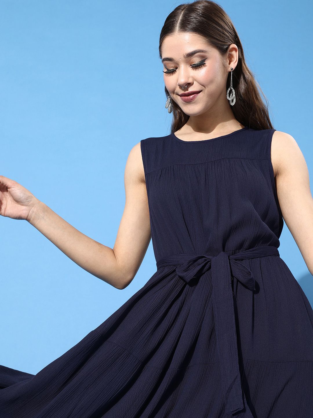 DressBerry Women Navy Blue Solid Tiered A-Line Dress