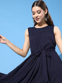 DressBerry Women Navy Blue Solid Tiered A-Line Dress