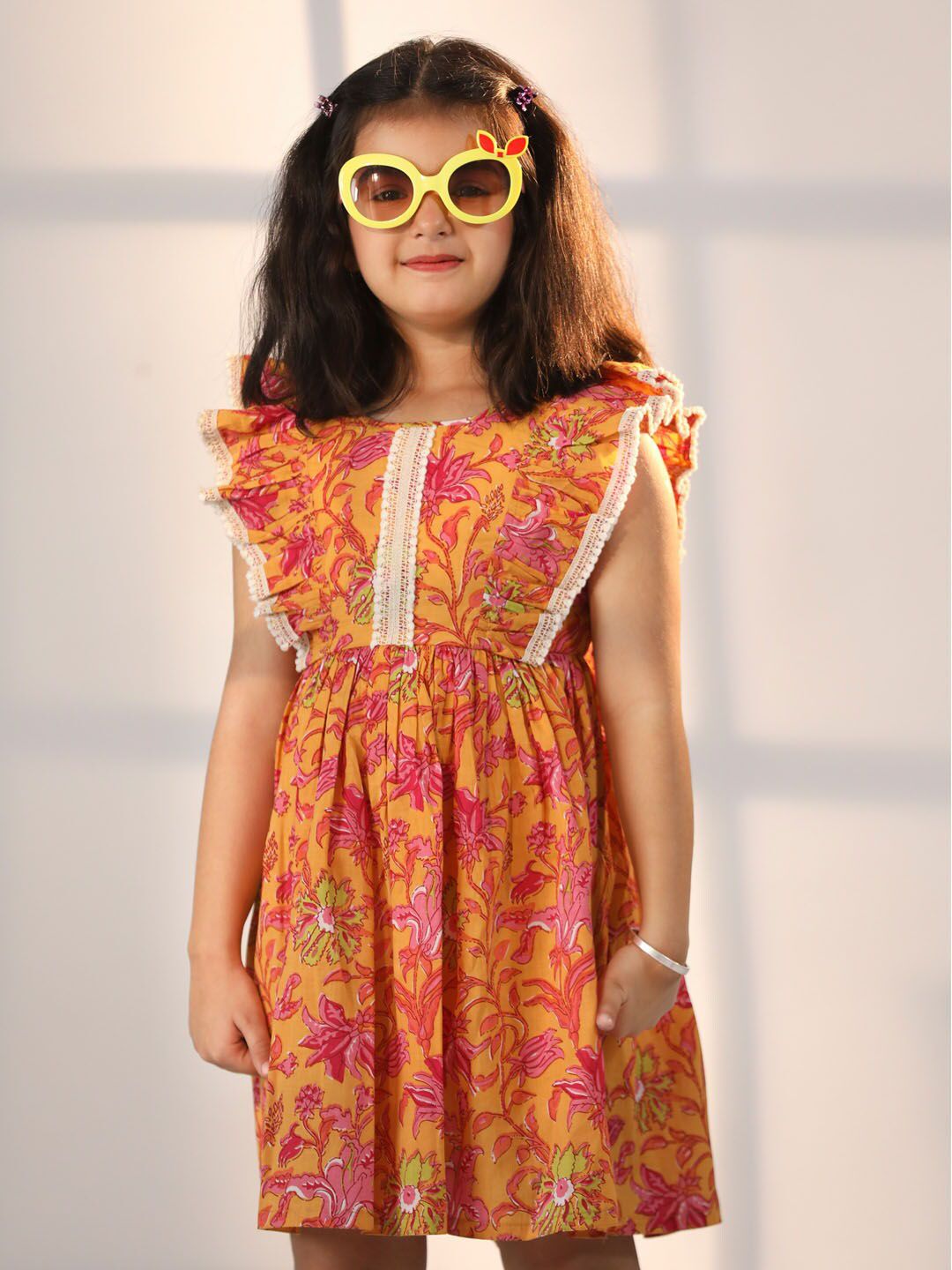 VASTRAMAY Girls Floral Printed Batwing Sleeves Lace Inserts Fit & Flare Dress