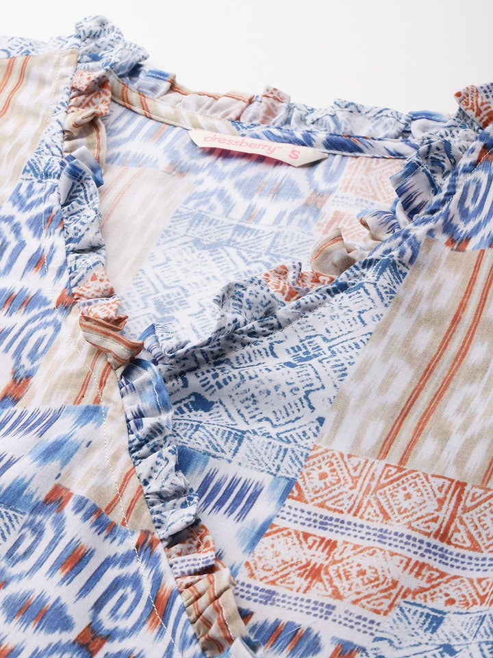 DressBerry Geometric Printed Puff Sleeves Wrap Top