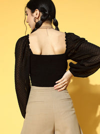 Berrylush Women Stylish Black Solid Dobby Weave Top