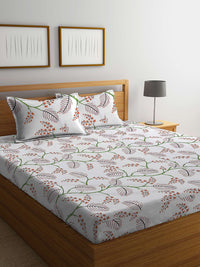 KLOTTHE White & Brown Printed 300 TC Fitted Double Bed Bedsheet With 2 Pillow Covers