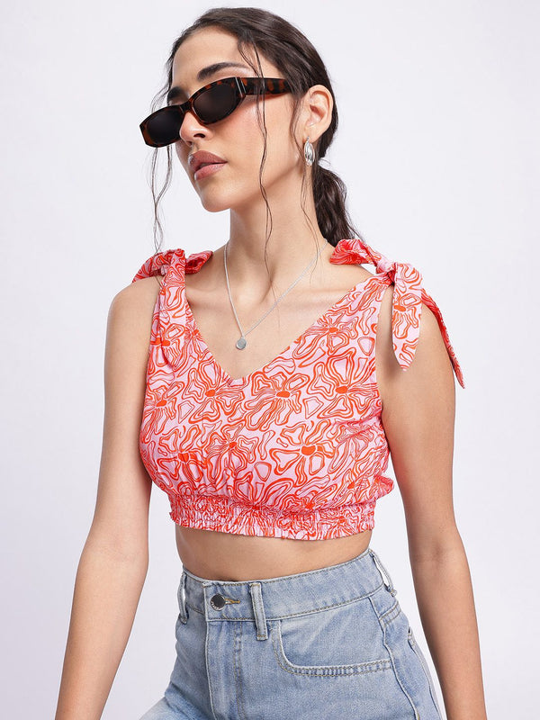 DressBerry Floral Frenzy Tie-Up Detail Smocked Crop Top