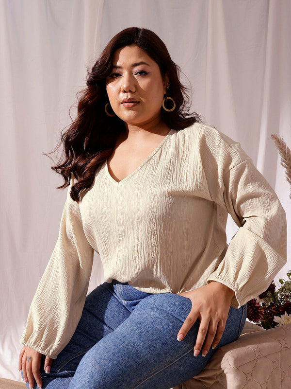 CURVY STREET Self Design V-Neck Drop-shoulder Sleeves Regular Top
