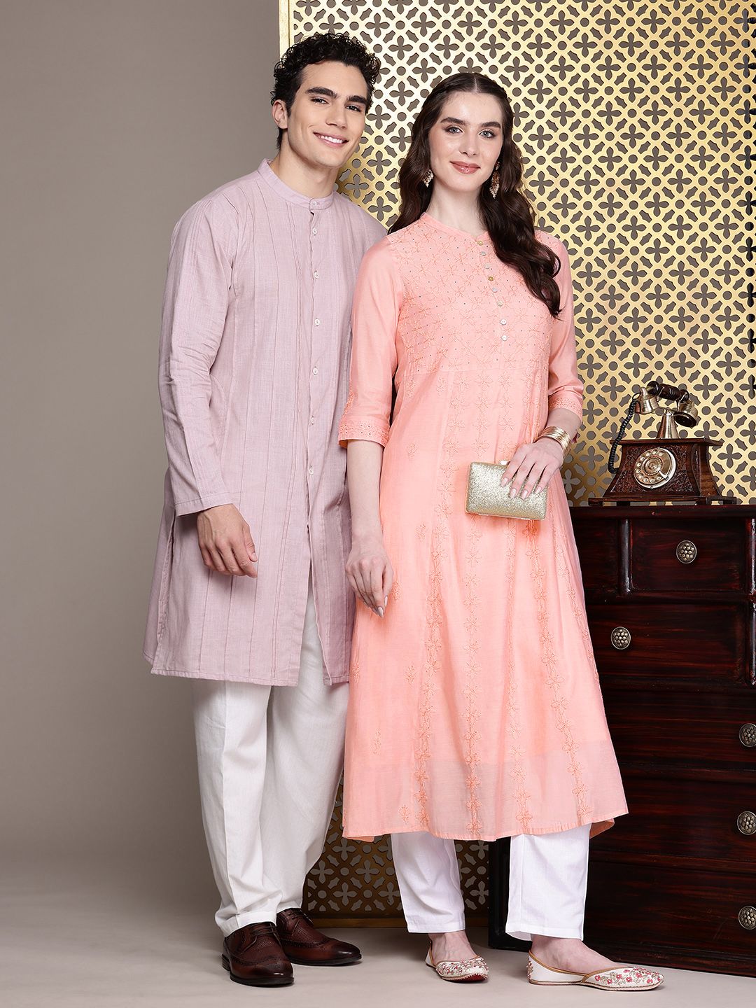 House of Pataudi Jashn Chikankari Floral Embroidered Thread Work Floral Kurta