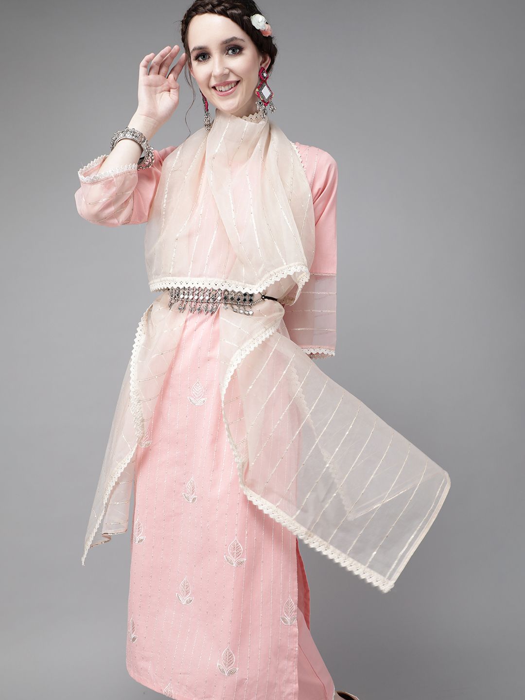 Indo Era Women Pink Pure Cotton Ethnic Motifs Sequinned Kurta with Trousers & Dupatta