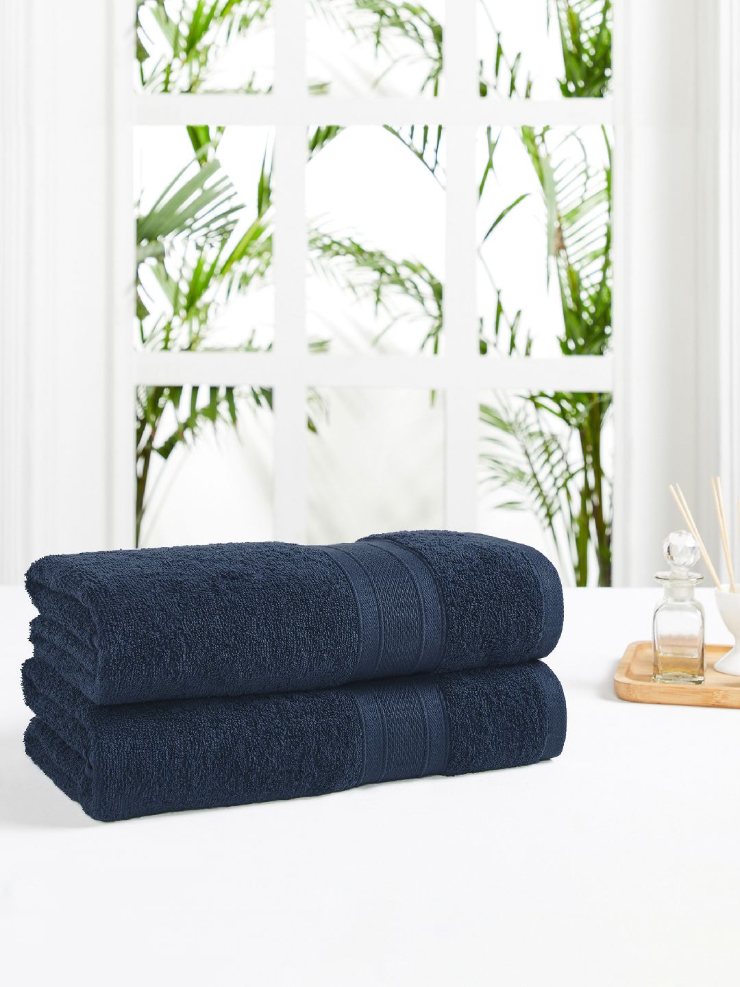 MYTRIDENT Set of 2 Navy Blue White 500 GSM Striped Cotton Bath Towels