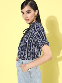 DressBerry Women Deep Navy Blue Romantic Florals Top