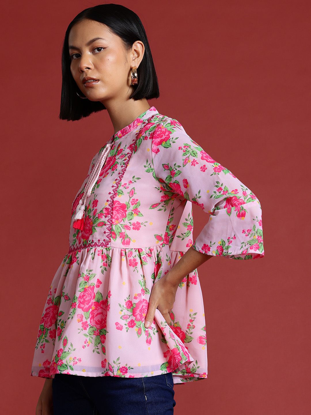 all about you Floral Print Thread Work Pleated Short Kurti