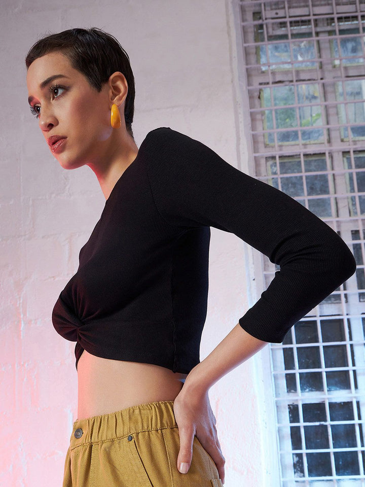 SASSAFRAS Women Black Solid Cropped Twisted Knot Top