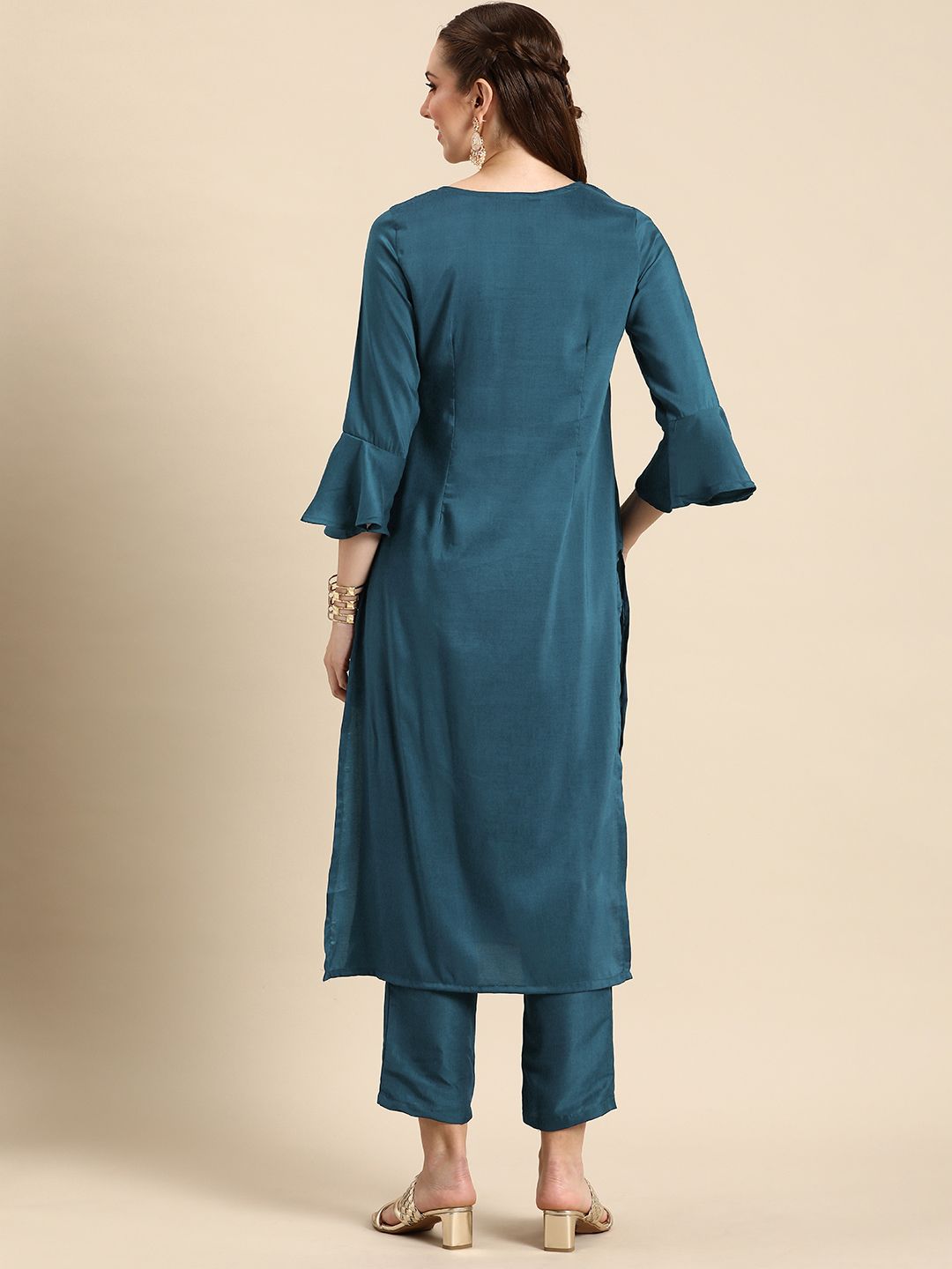 Anouk Woven Yoke Design Regular Beads and Stones Kurta with Trousers